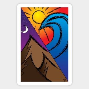 mountains at night on one side, the sunny beach with surf on the other Sticker